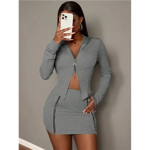 Women Solid Color Long Sleeve Zip-Front Hooded Top And Bodycon Skirt Casual Set