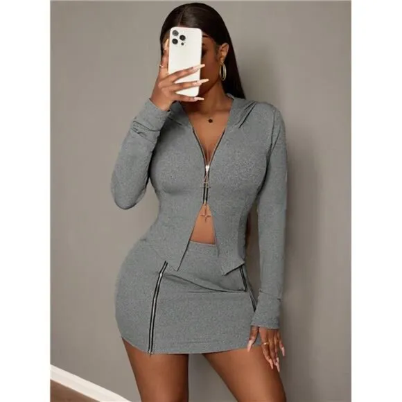 Women Solid Color Long Sleeve Zip-Front Hooded Top And Bodycon Skirt Casual Set