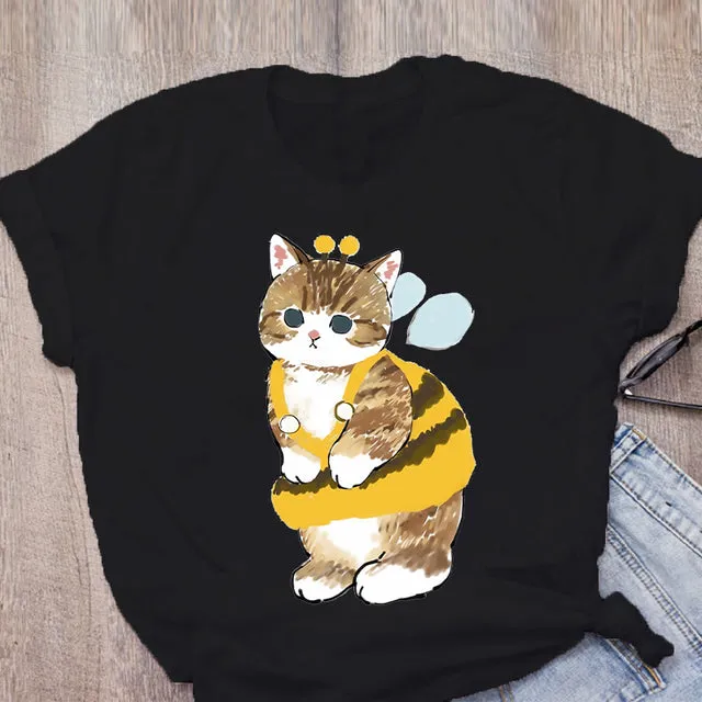 Women T-shirt Cute Cat Funny Cartoon T-shirt Graphic T-shirt Aesthetic Top Tee Female
