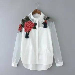 Women White Blusas Feminina Organza Flower Embroidery Mesh Hollow out Long Sleeve Shirt Blouse Clothes Tops Plus Size T5N214