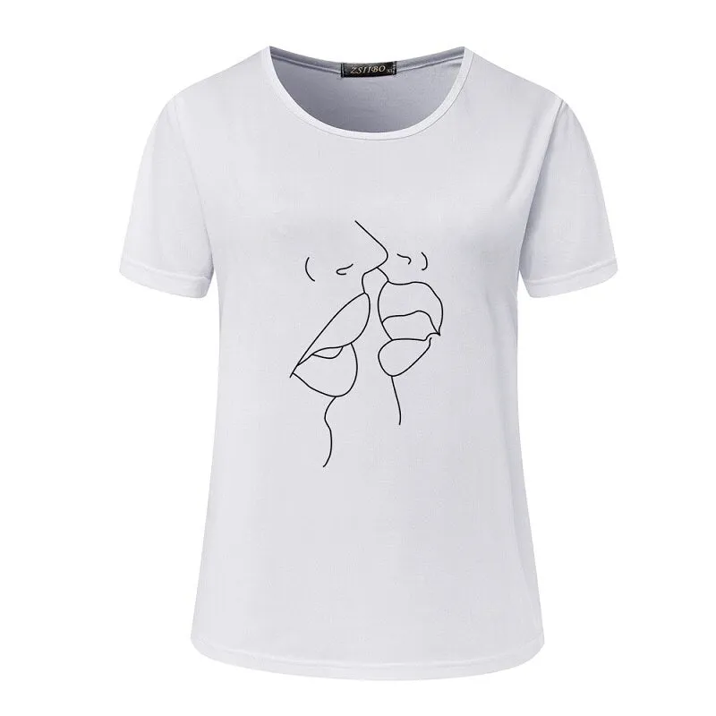 Women White O Neck Graphic Funny Cute Kiss Pattern Shirt