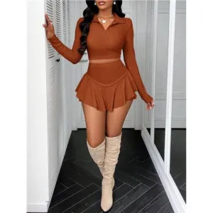 Women's Autumn Apricot Two-Piece Set, Winter Sports And Leisure Skirt Set