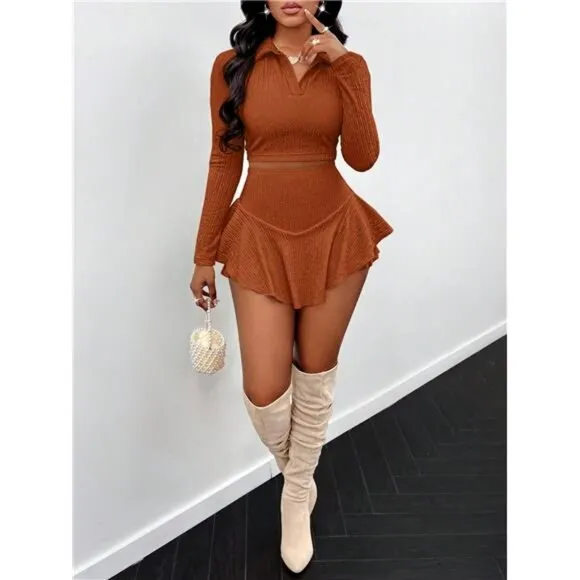 Women's Autumn Apricot Two-Piece Set, Winter Sports And Leisure Skirt Set