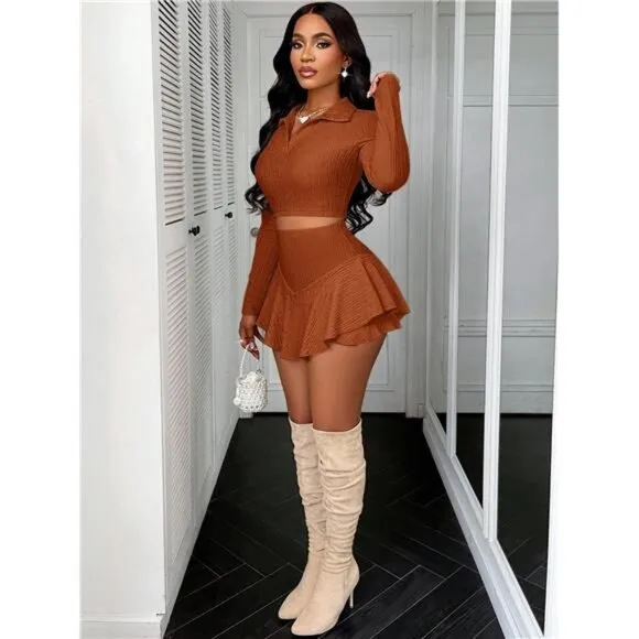 Women's Autumn Apricot Two-Piece Set, Winter Sports And Leisure Skirt Set