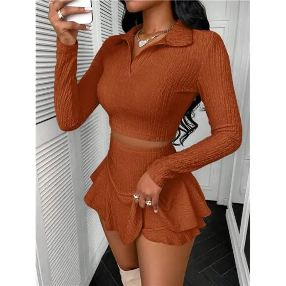 Women's Autumn Apricot Two-Piece Set, Winter Sports And Leisure Skirt Set