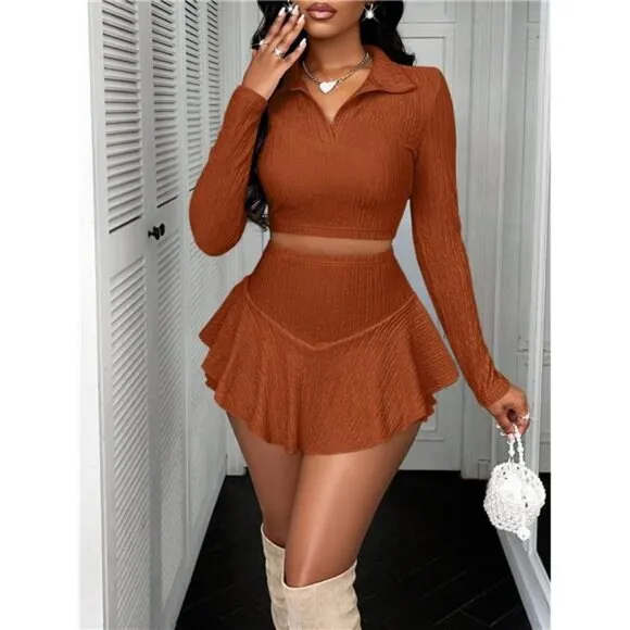 Women's Autumn Apricot Two-Piece Set, Winter Sports And Leisure Skirt Set