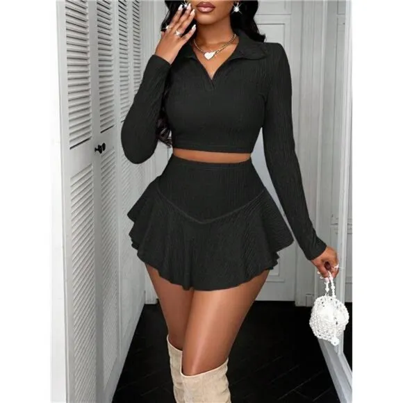 Women's Autumn Apricot Two-Piece Set, Winter Sports And Leisure Skirt