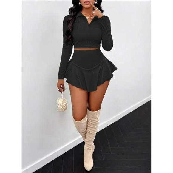 Women's Autumn Apricot Two-Piece Set, Winter Sports And Leisure Skirt