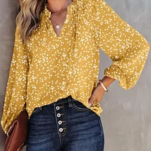 Women's Casual V Neck Alicia Floral Print Smocked Long Sleeve Chiffon Blouses