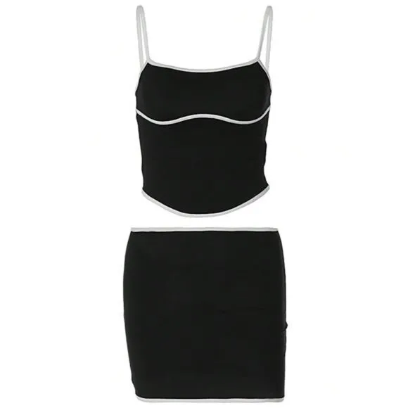Women's Contrast Trim Camisole With Asymmetric Hem Top And Mini Skirts 2pcs Set