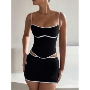 Women's Contrast Trim Camisole With Asymmetric Hem Top And Mini Skirts 2pcs Set