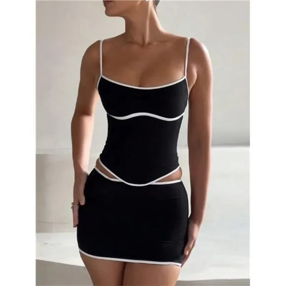 Women's Contrast Trim Camisole With Asymmetric Hem Top And Mini Skirts 2pcs Set