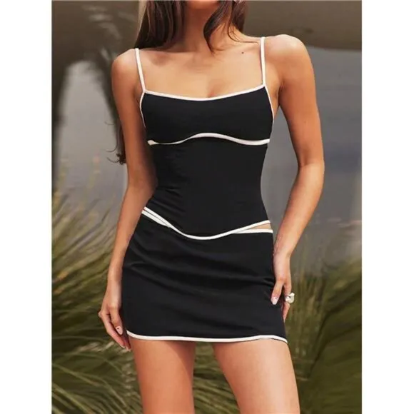 Women's Contrast Trim Camisole With Asymmetric Hem Top And Mini Skirts 2pcs Set