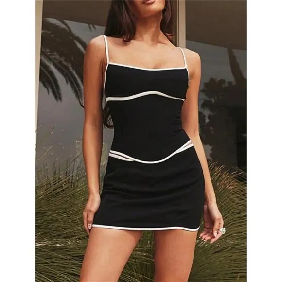 Women's Contrast Trim Camisole With Asymmetric Hem Top And Mini Skirts 2pcs Set