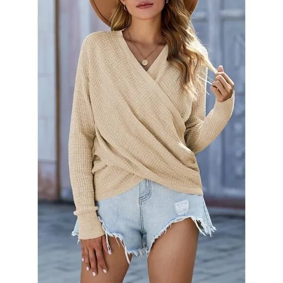 Women's Elegant Deep V Neck Apricot Wrap Long Sleeve Sweaters