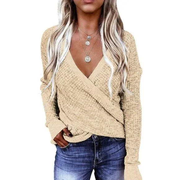 Women's Elegant Deep V Neck Apricot Wrap Long Sleeve Sweaters