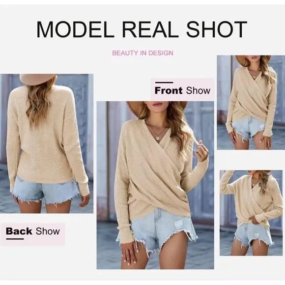 Women's Elegant Deep V Neck Apricot Wrap Long Sleeve Sweaters