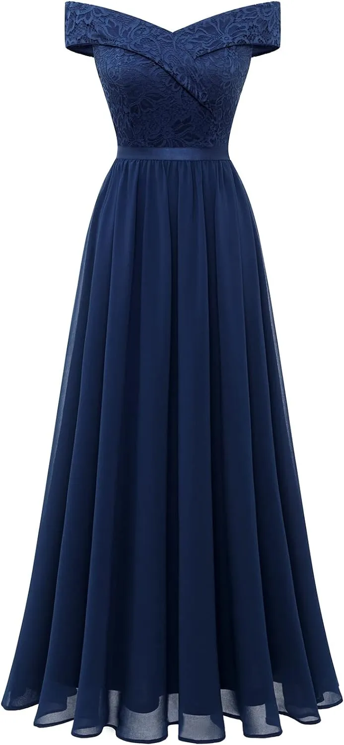 Women's Lace Bridesmaid Dress A-Line Off Shoulder Floral Lace Chiffon Prom Dresses