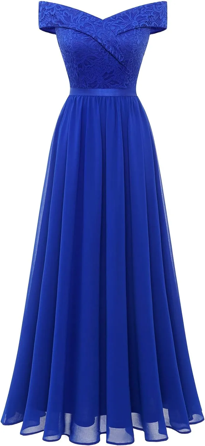 Women's Lace Bridesmaid Dress A-Line Off Shoulder Floral Lace Chiffon Prom Dresses