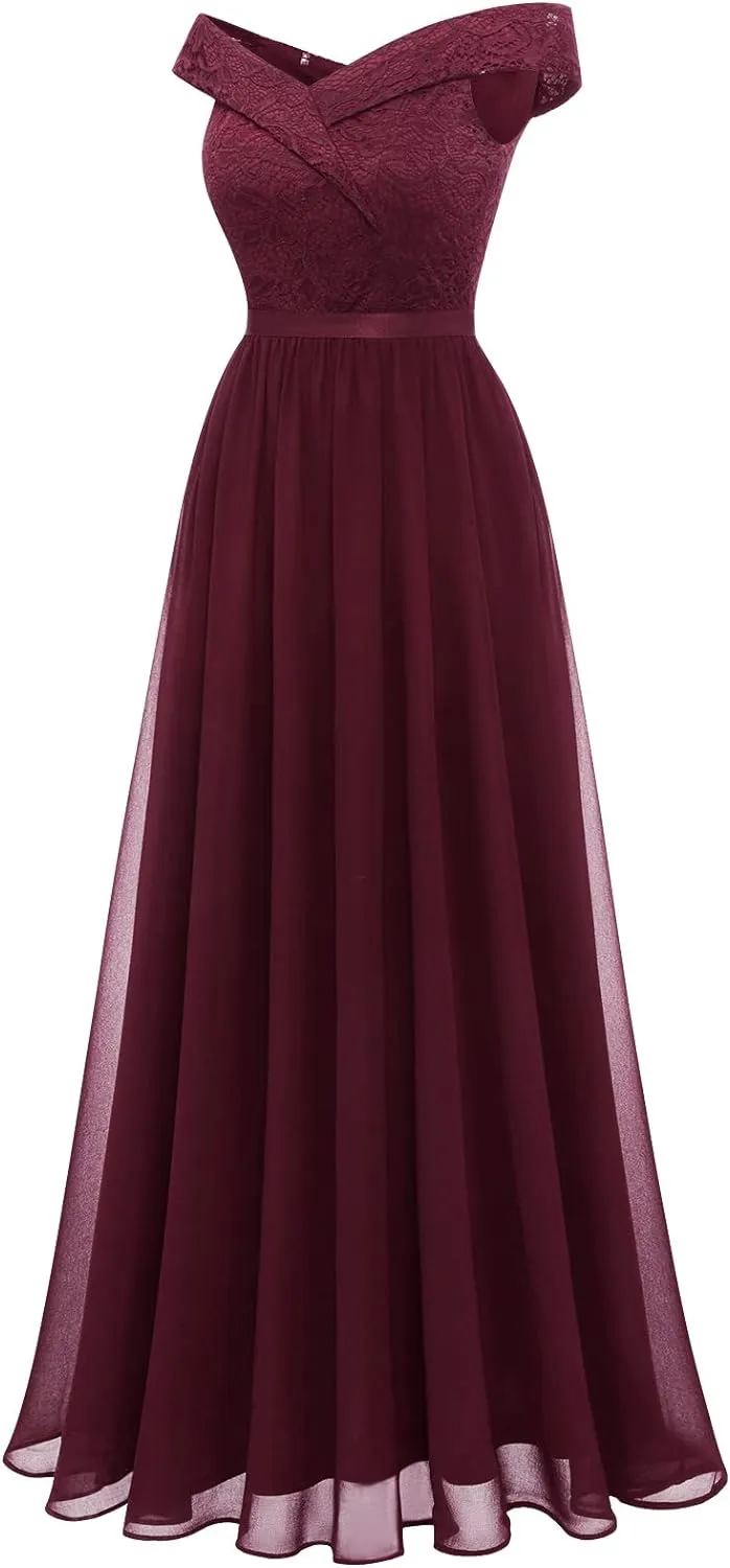 Women's Lace Bridesmaid Dress A-Line Off Shoulder Floral Lace Chiffon Prom Dresses