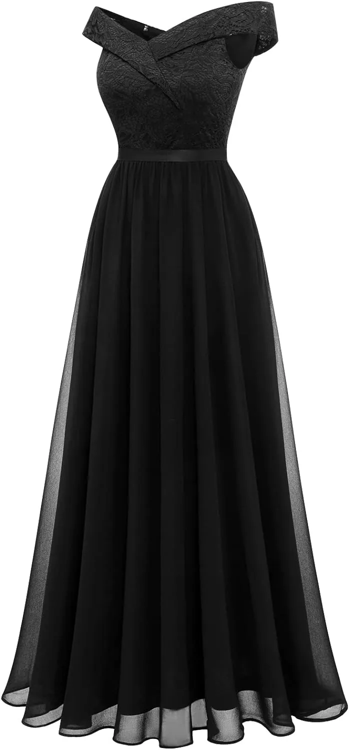 Women's Lace Bridesmaid Dress A-Line Off Shoulder Floral Lace Chiffon Prom Dresses