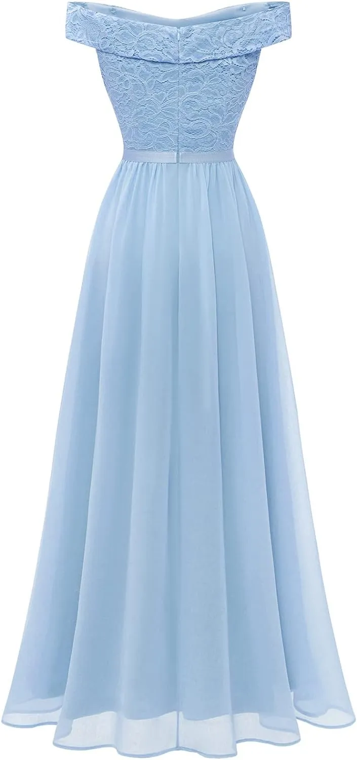 Women's Lace Bridesmaid Dress A-Line Off Shoulder Floral Lace Chiffon Prom Dresses