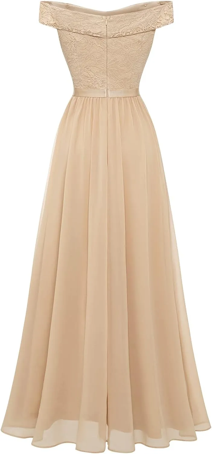 Women's Lace Bridesmaid Dress A-Line Off Shoulder Floral Lace Chiffon Prom Dresses