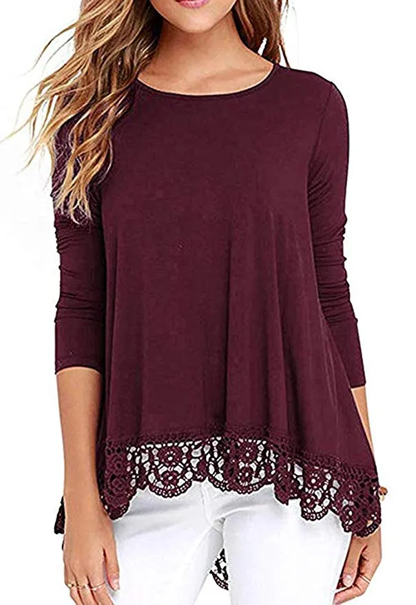Women's Lace Trim Short/Long Sleeve Round Neck T Shirts Tunic Tops