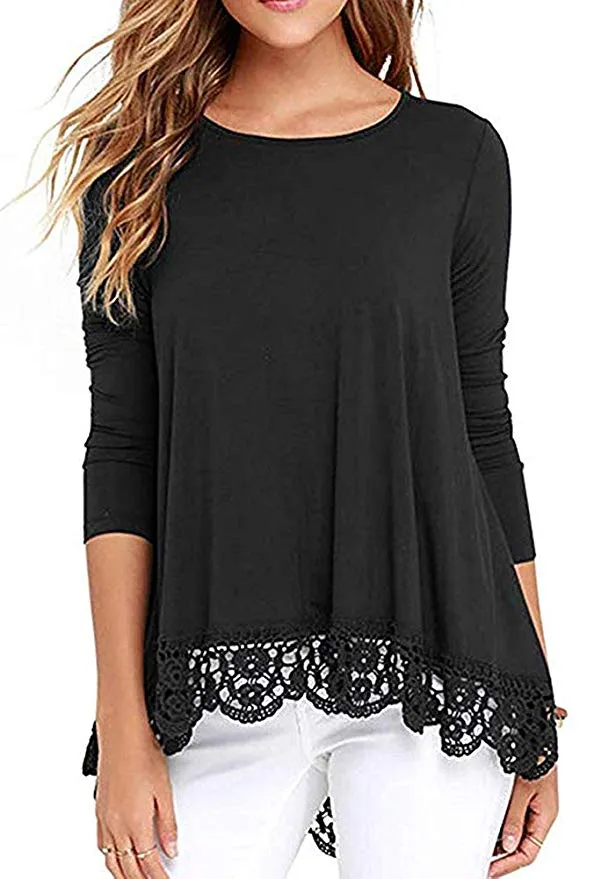Women's Lace Trim Short/Long Sleeve Round Neck T Shirts Tunic Tops
