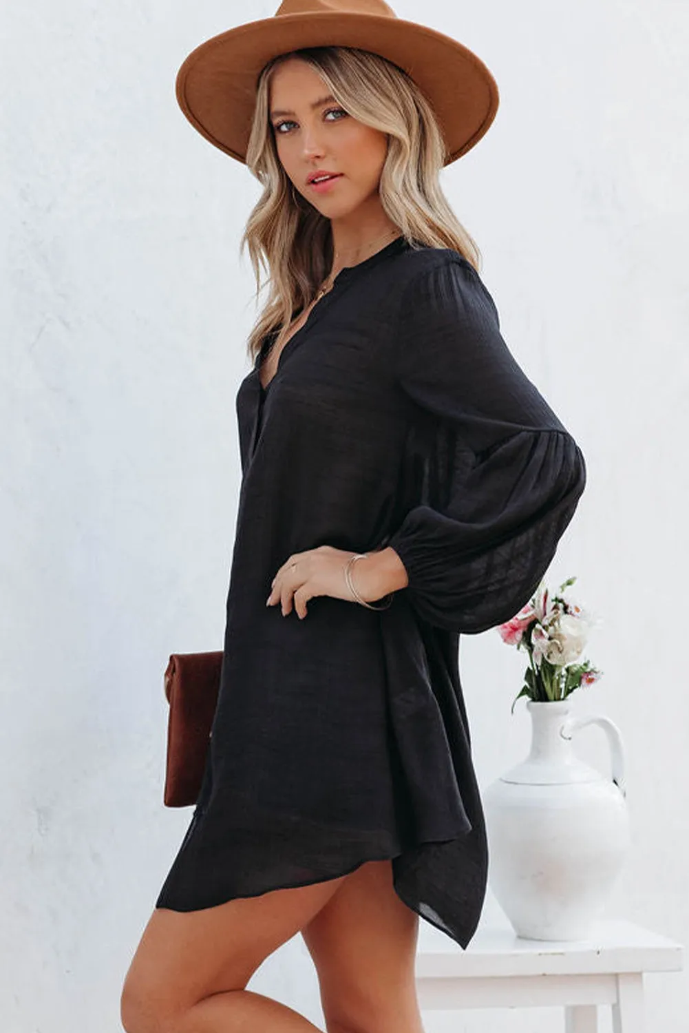 Womens Long Sleeve Oversized Blouses Tops Button Up Bishop Sleeve Shirt
