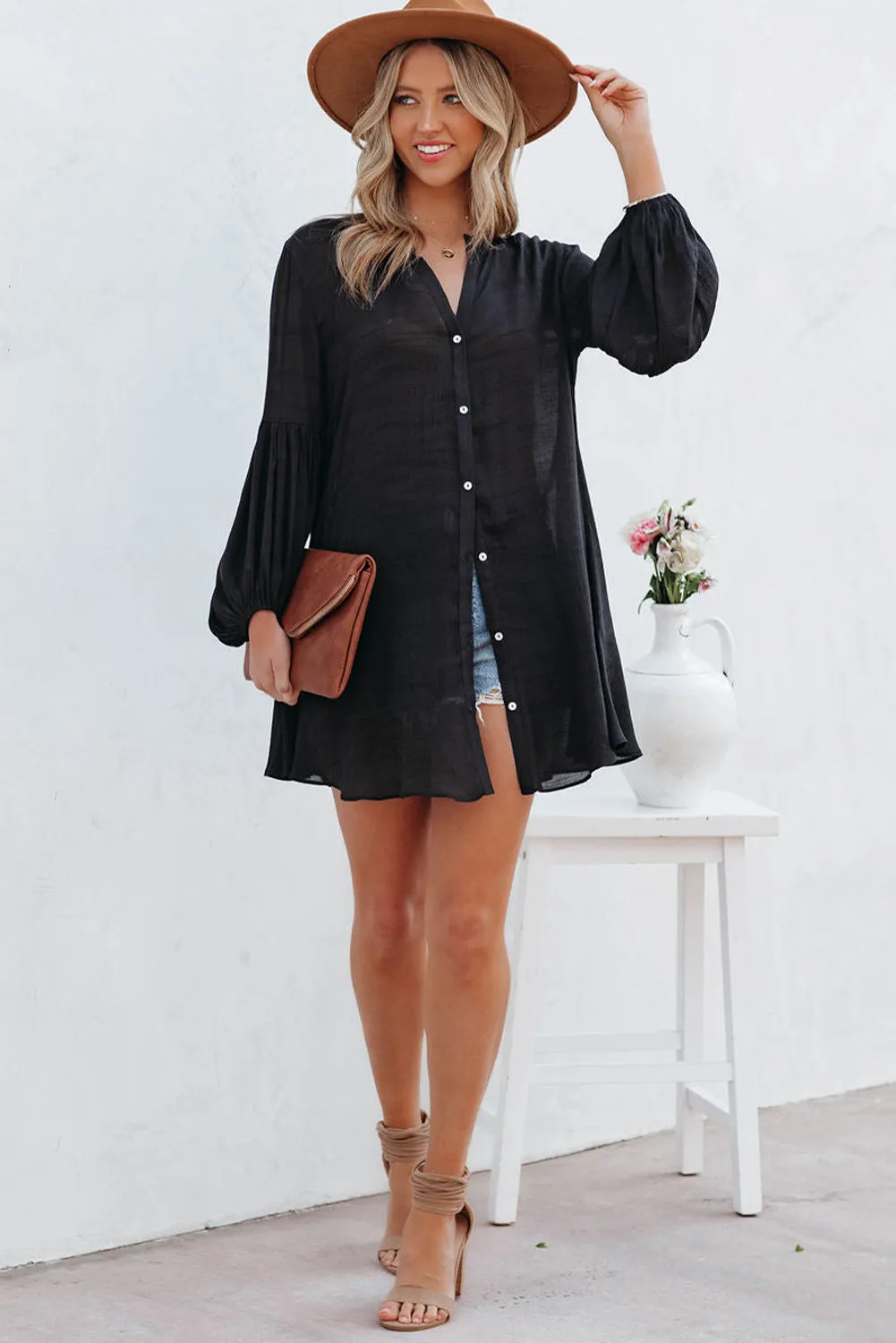 Womens Long Sleeve Oversized Blouses Tops Button Up Bishop Sleeve Shirt