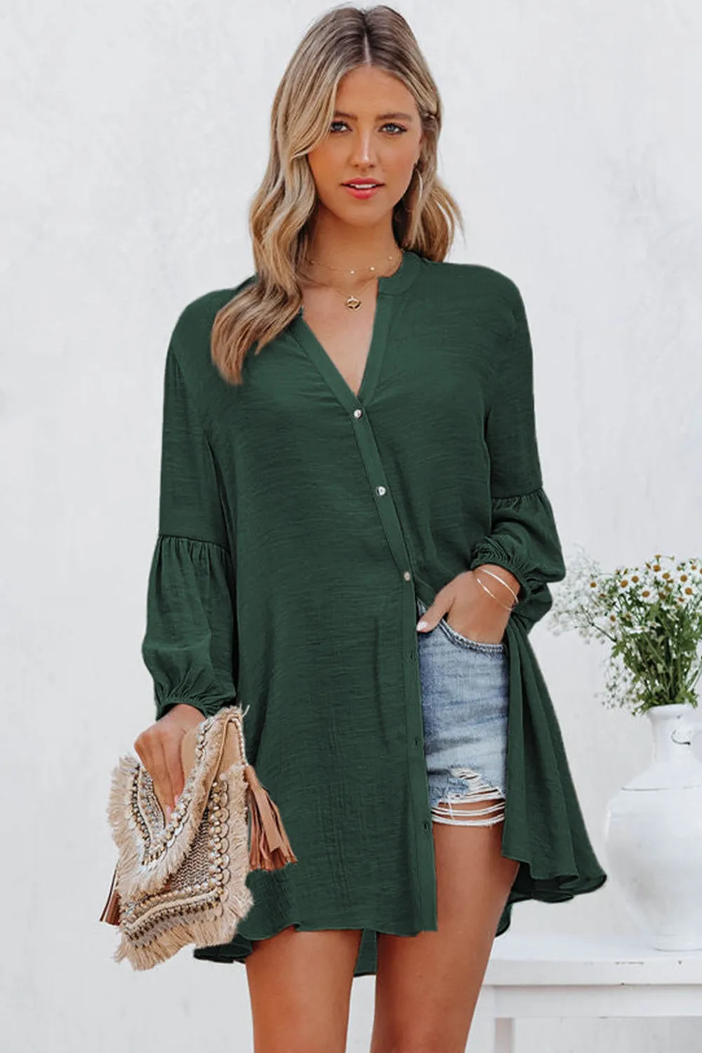 Womens Long Sleeve Oversized Blouses Tops Button Up Bishop Sleeve Shirt