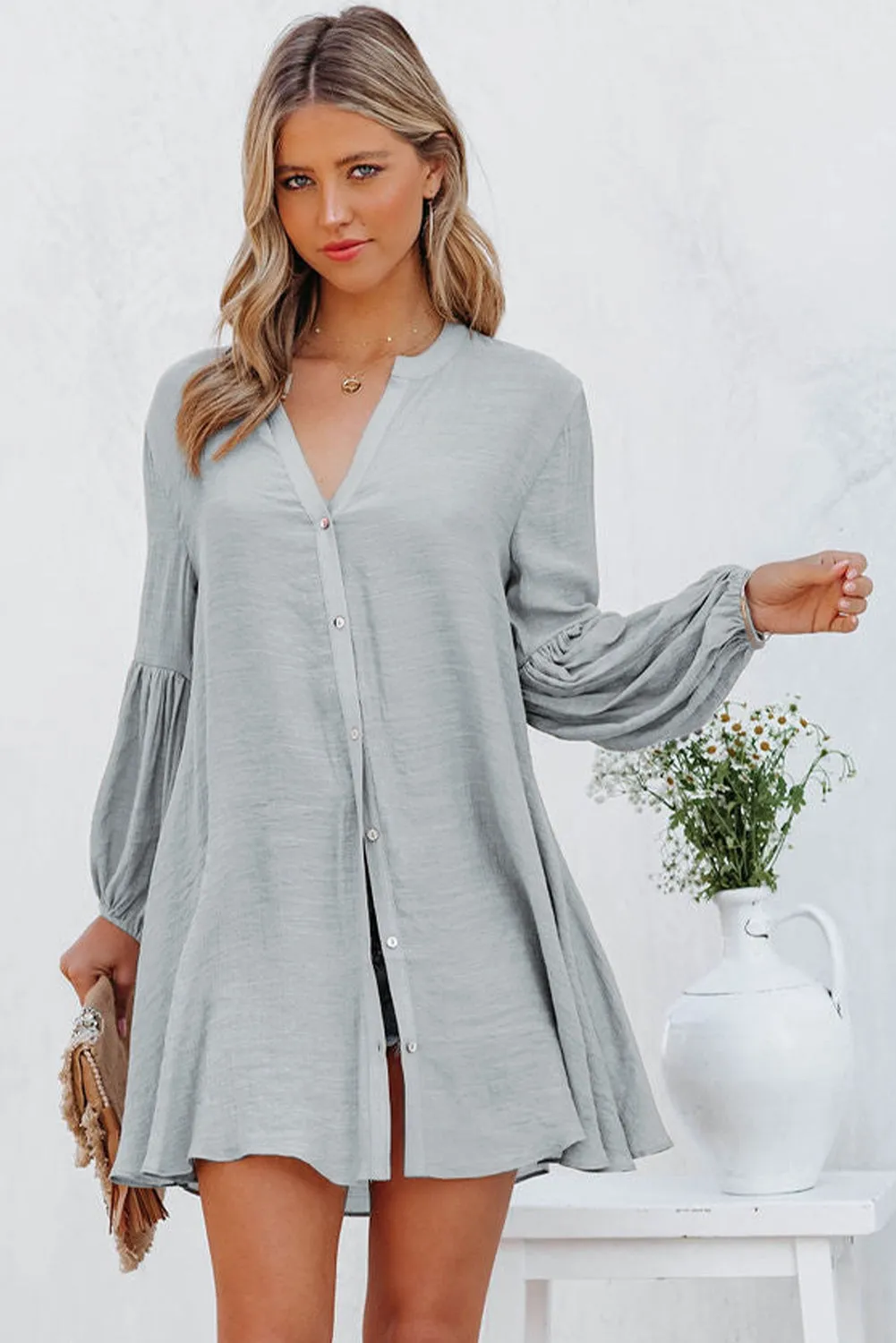 Womens Long Sleeve Oversized Blouses Tops Button Up Bishop Sleeve Shirt