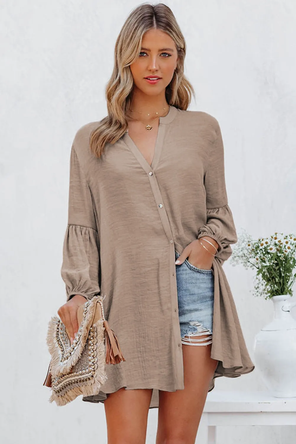 Womens Long Sleeve Oversized Blouses Tops Button Up Bishop Sleeve Shirt