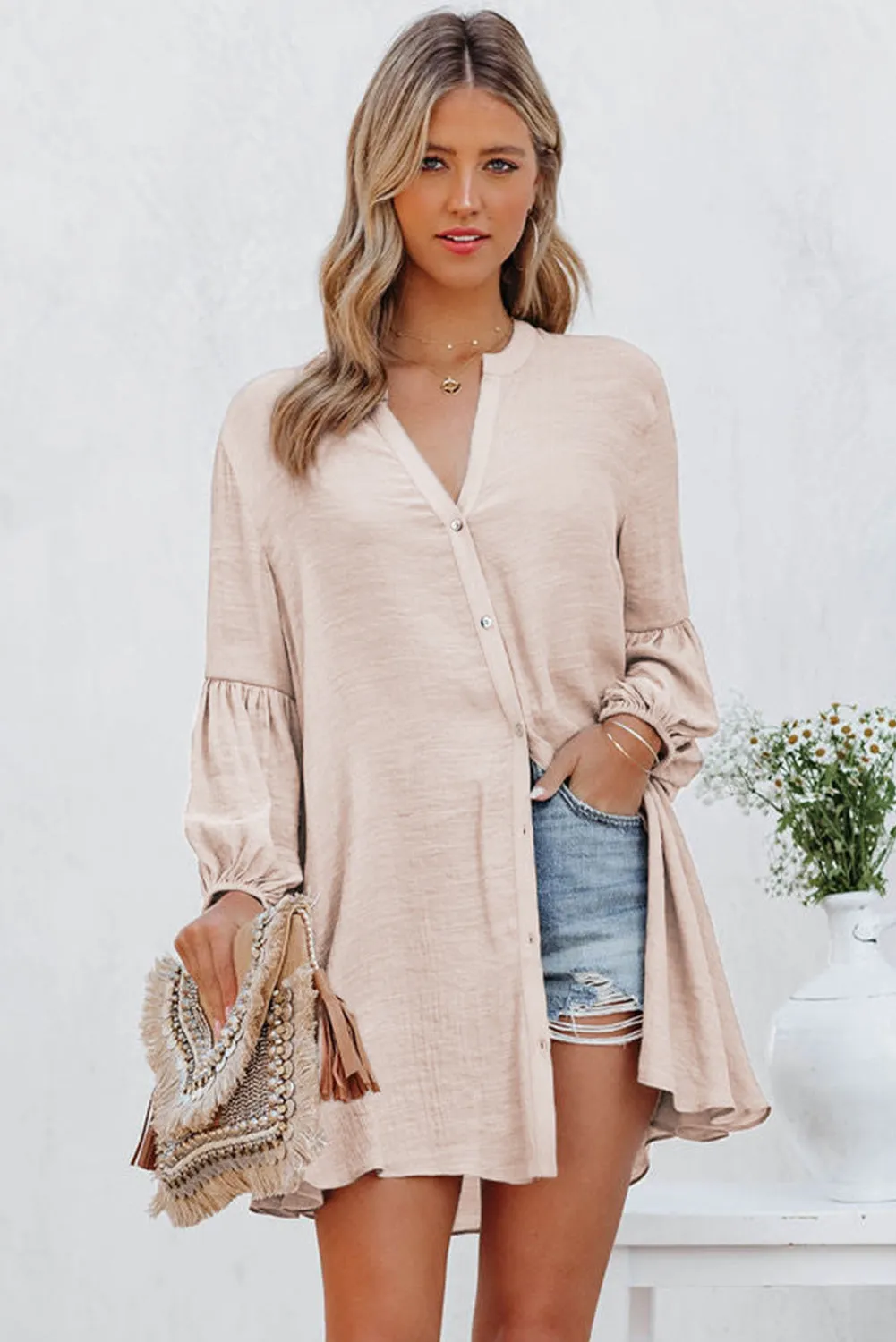 Womens Long Sleeve Oversized Blouses Tops Button Up Bishop Sleeve Shirt