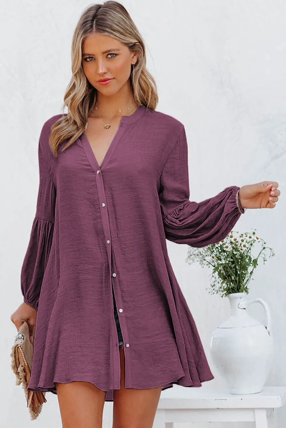 Womens Long Sleeve Oversized Blouses Tops Button Up Bishop Sleeve Shirt
