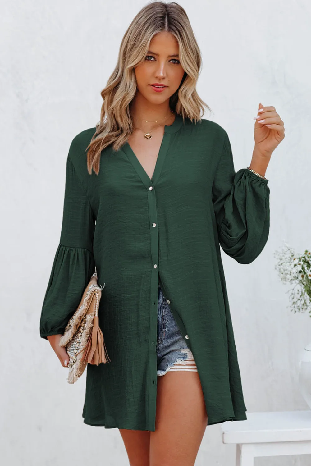 Womens Long Sleeve Oversized Blouses Tops Button Up Bishop Sleeve Shirt
