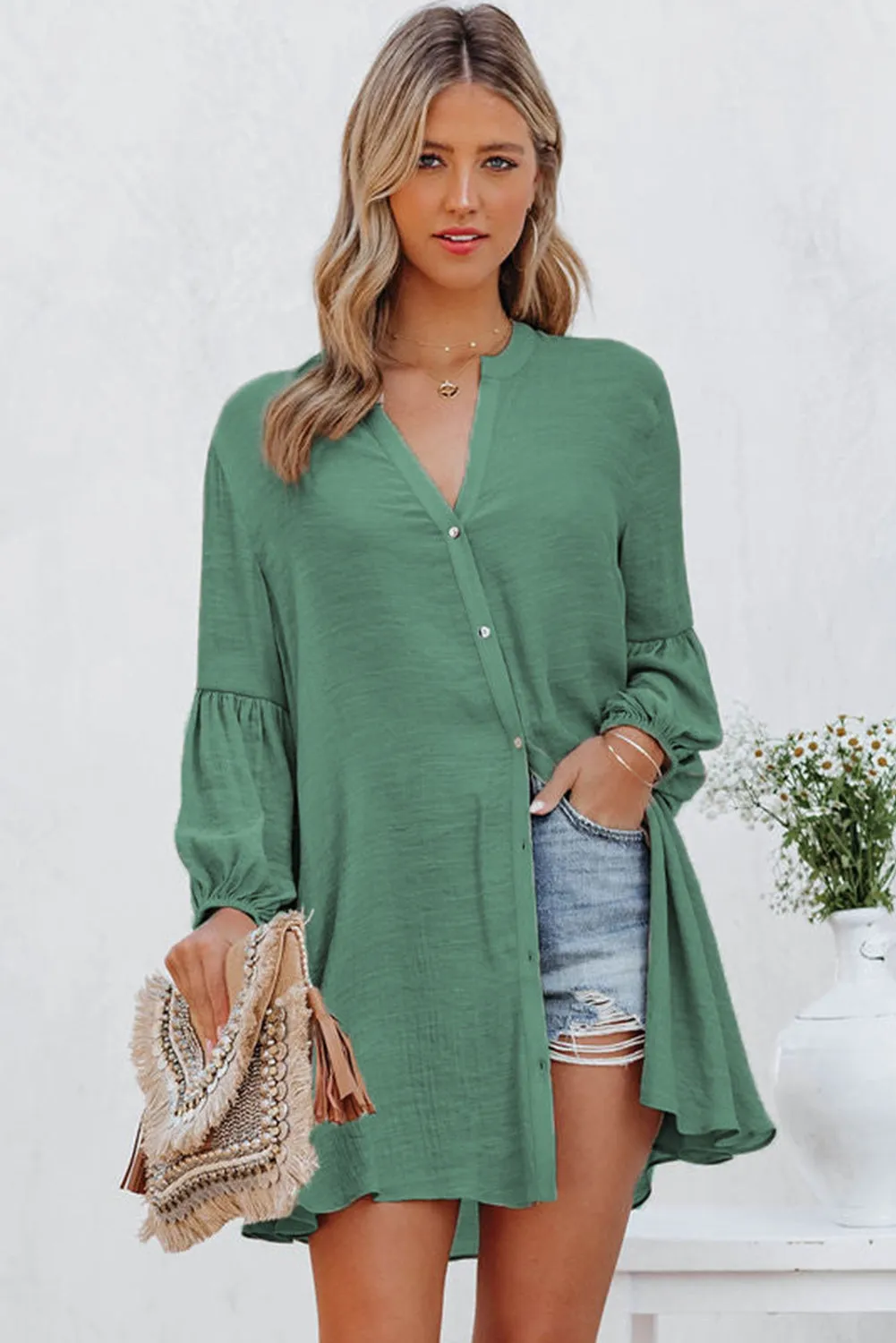 Womens Long Sleeve Oversized Blouses Tops Button Up Bishop Sleeve Shirt
