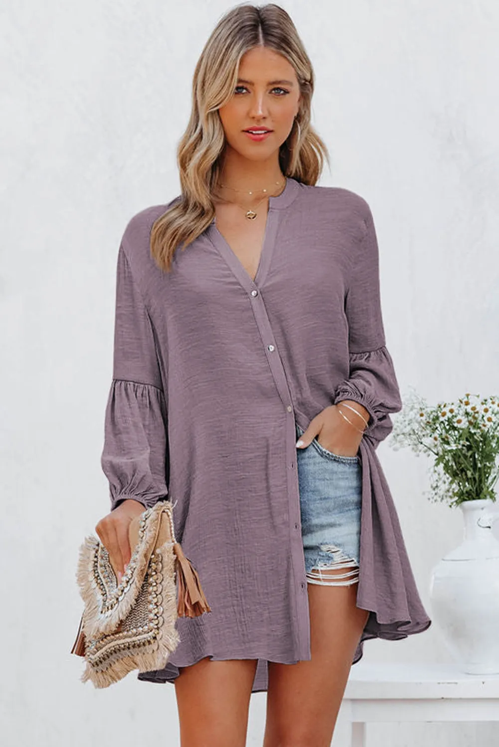 Womens Long Sleeve Oversized Blouses Tops Button Up Bishop Sleeve Shirt