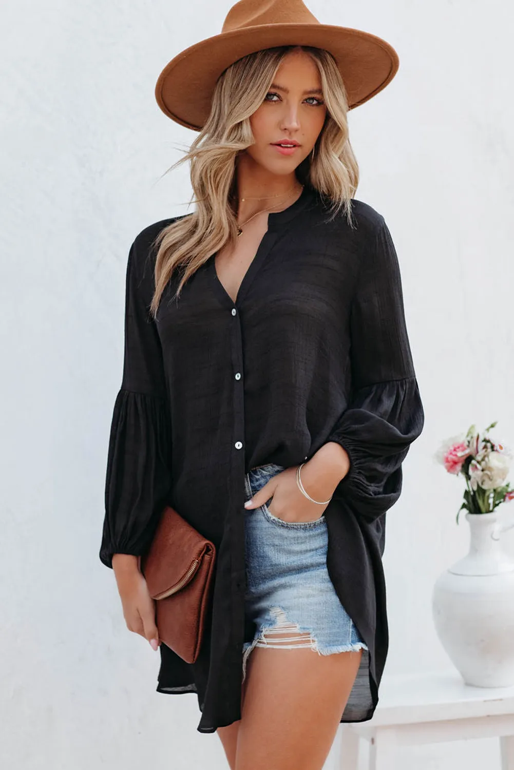 Womens Long Sleeve Oversized Blouses Tops Button Up Bishop Sleeve Shirt