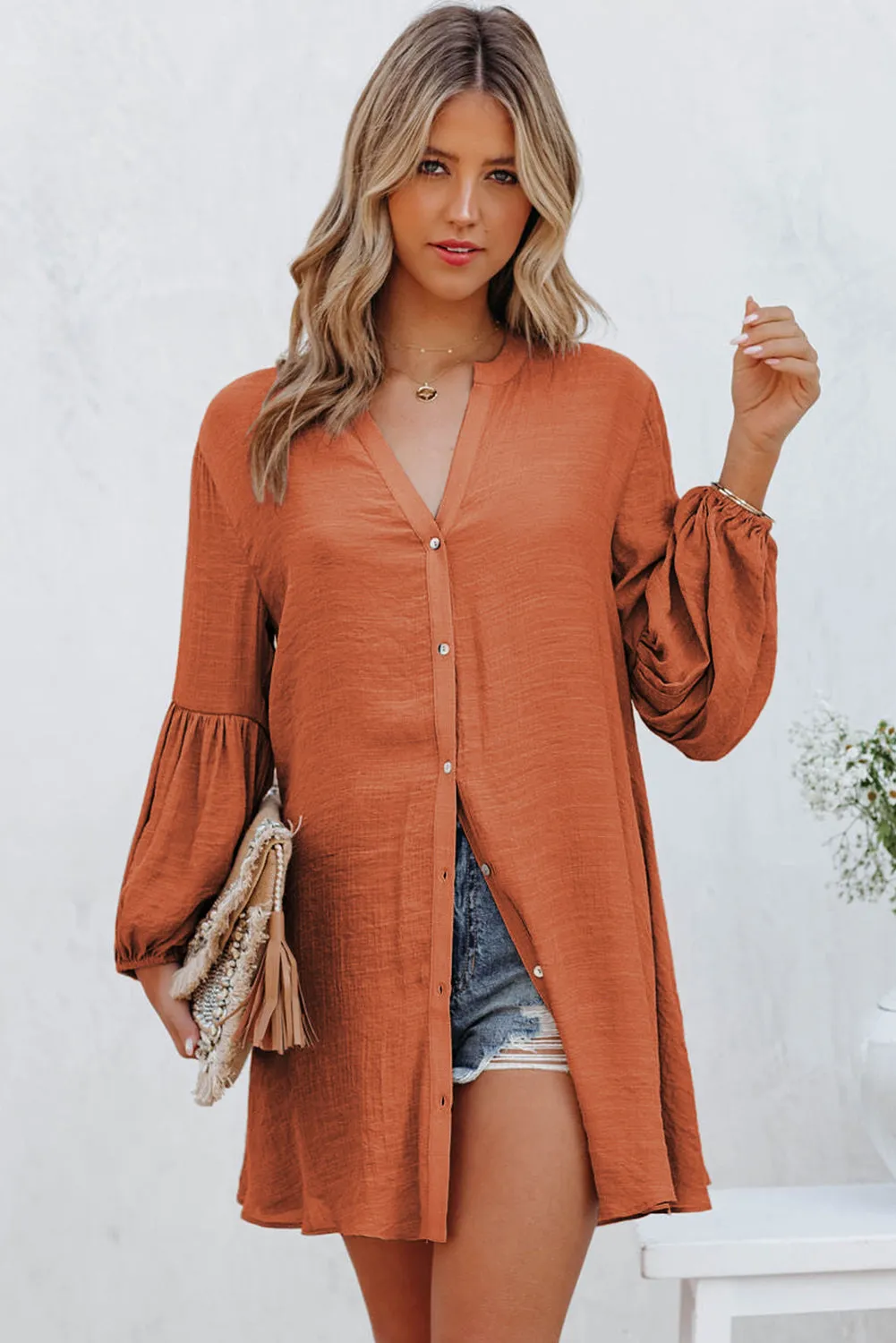 Womens Long Sleeve Oversized Blouses Tops Button Up Bishop Sleeve Shirt