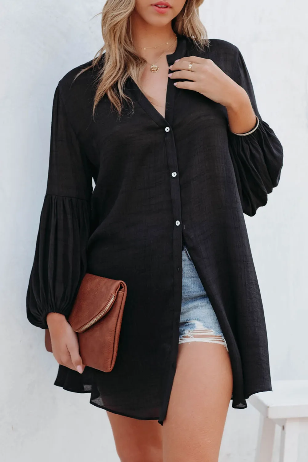 Womens Long Sleeve Oversized Blouses Tops Button Up Bishop Sleeve Shirt