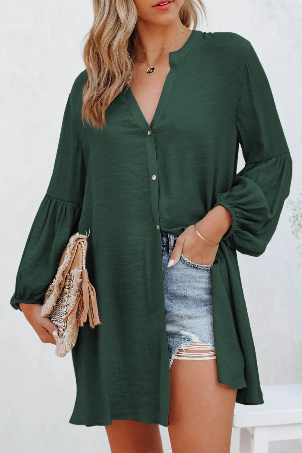 Womens Long Sleeve Oversized Blouses Tops Button Up Bishop Sleeve Shirt