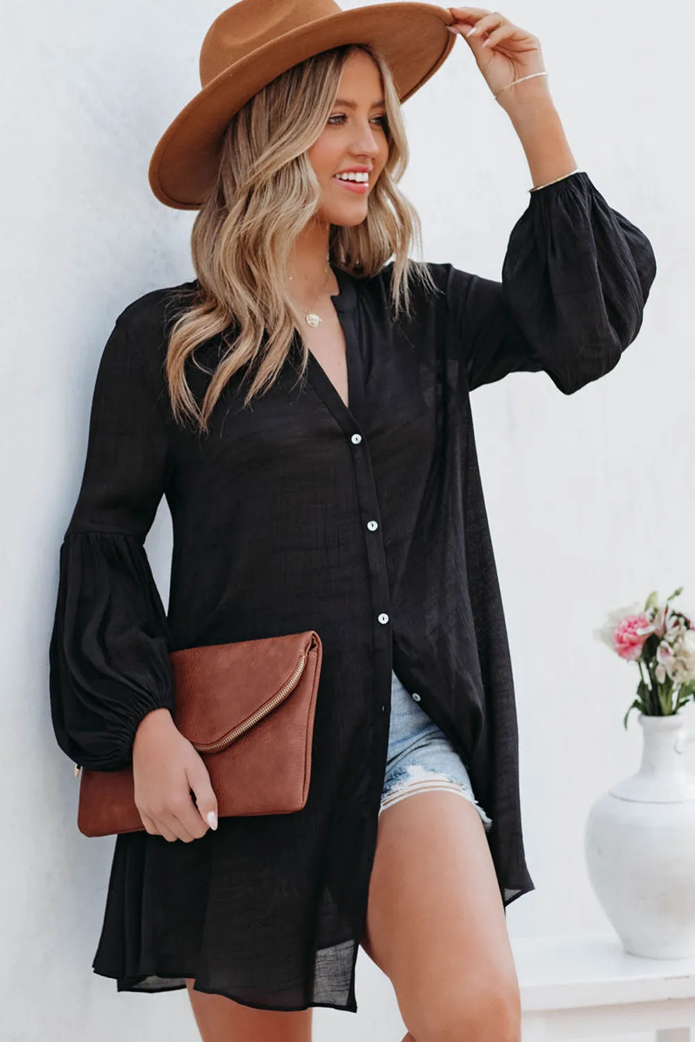 Womens Long Sleeve Oversized Blouses Tops Button Up Bishop Sleeve Shirt