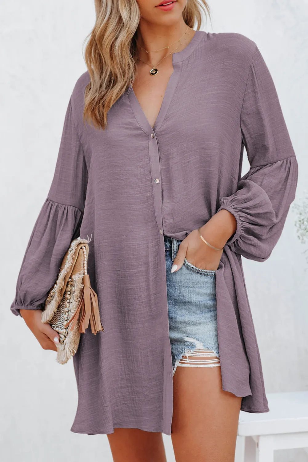 Womens Long Sleeve Oversized Blouses Tops Button Up Bishop Sleeve Shirt