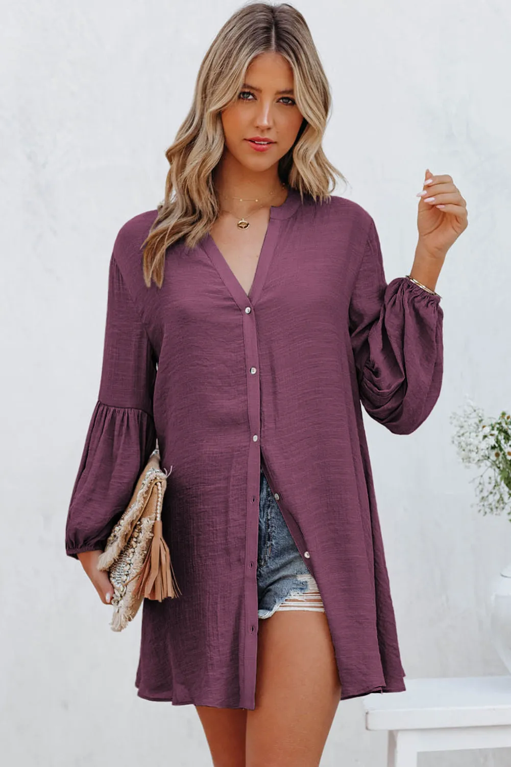 Womens Long Sleeve Oversized Blouses Tops Button Up Bishop Sleeve Shirt