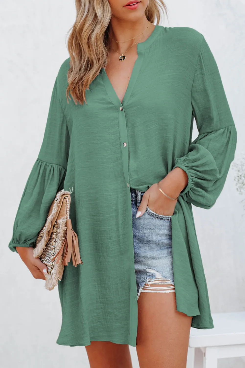 Womens Long Sleeve Oversized Blouses Tops Button Up Bishop Sleeve Shirt