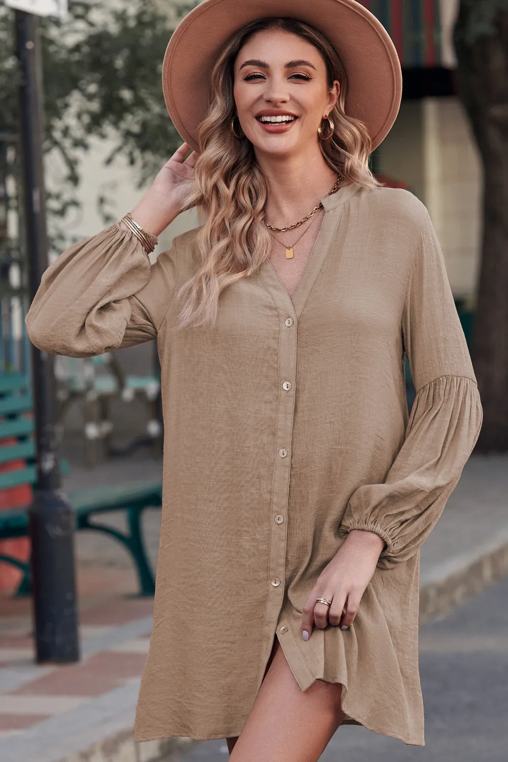 Womens Long Sleeve Oversized Blouses Tops Button Up Bishop Sleeve Shirt