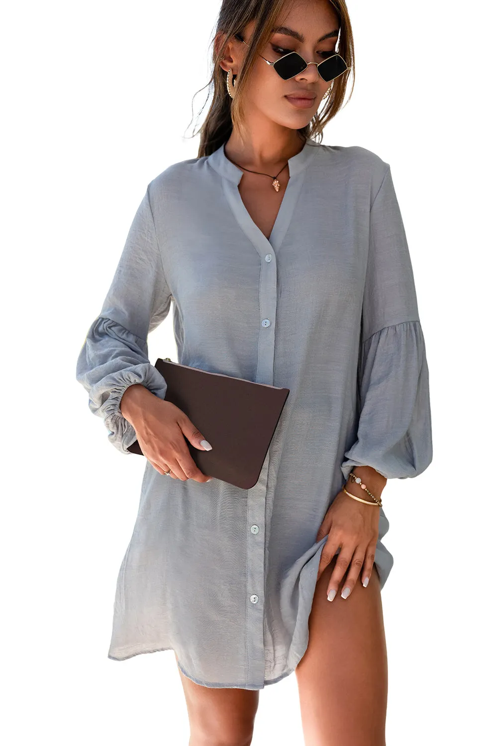 Womens Long Sleeve Oversized Blouses Tops Button Up Bishop Sleeve Shirt
