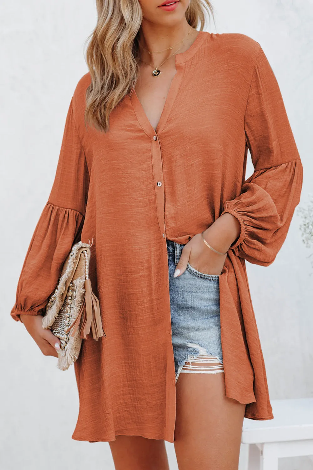 Womens Long Sleeve Oversized Blouses Tops Button Up Bishop Sleeve Shirt